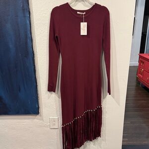 Chic Long Sleeve Burgundy Dress with Fringe